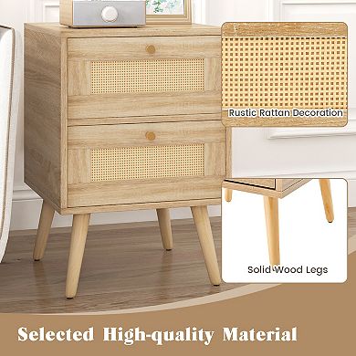 Rattan Nightstand Boho Accent Bedside Table with 2 Storage Drawers