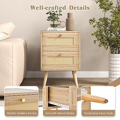 Rattan Nightstand Boho Accent Bedside Table with 2 Storage Drawers