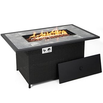 52 Inch Rattan Wicker Propane Fire Pit Table With Rain Cover And Lava Rock-black