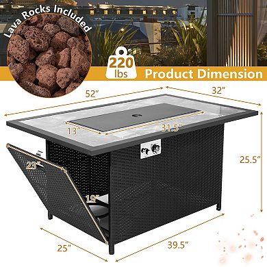 52 Inch Rattan Wicker Propane Fire Pit Table With Rain Cover And Lava Rock-black