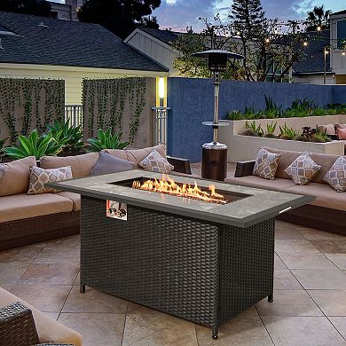 52 Inch Rattan Wicker Propane Fire Pit Table With Rain Cover And Lava Rock-black