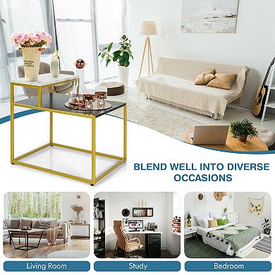 2 Tier End Side Table With  Metal Frame And Storage Shelf For Living Room-white
