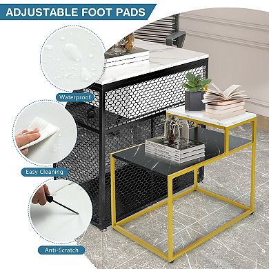 2 Tier End Side Table With  Metal Frame And Storage Shelf For Living Room-white