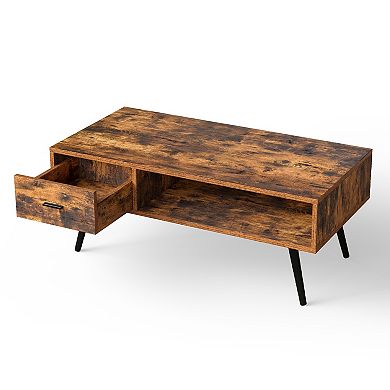 Retro Rectangular Coffee Table With Drawer And Storage Shelf-rustic Brown