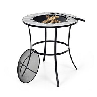 23.5 in Round Fire Pit Table With Mesh Cover And Fire Poker