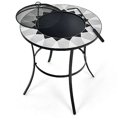 23.5 Inches Round Fire Pit Table With Mesh Cover And Fire Poker