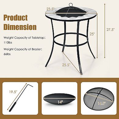 23.5 Inches Round Fire Pit Table With Mesh Cover And Fire Poker