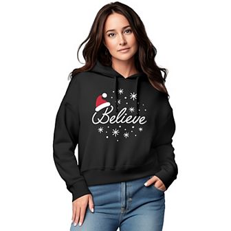 Women's Believe With Santa Hat Graphic Cropped Hoodie