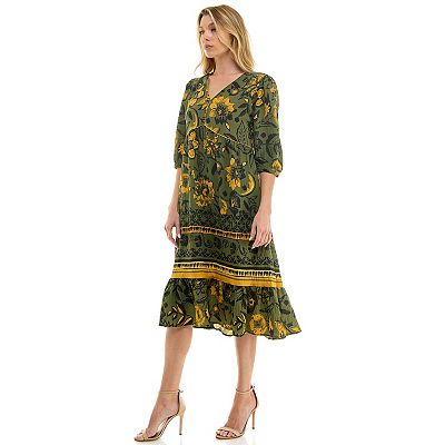 Women's Figueroa & Flower Printed V-Neck Maxi Dress, Size: Medium, Olive