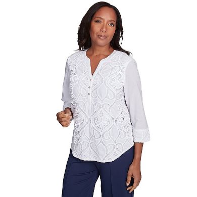 Petite Alfred Dunner Lace Scroll Solid Henley Top