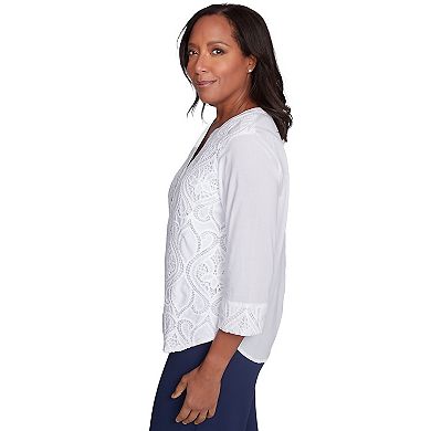 Petite Alfred Dunner Lace Scroll Solid Henley Top