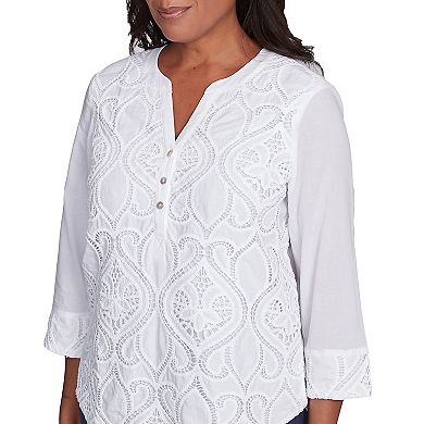 Petite Alfred Dunner Lace Scroll Solid Henley Top