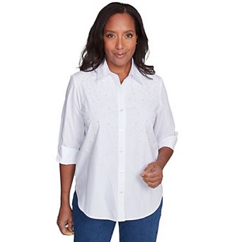 Petite Alfred Dunner Pearl Studded Button Down Top