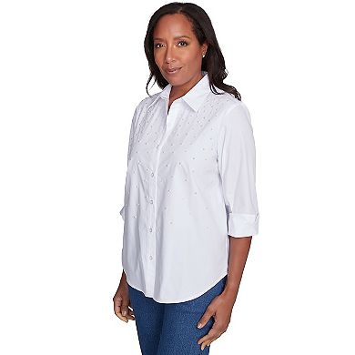 Petite Alfred Dunner Pearl Studded Button Down Top