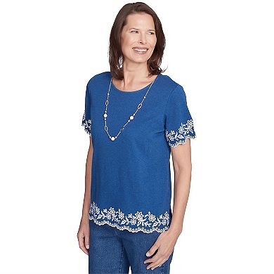 Petite Alfred Dunner Embroidered Border Top with Necklace