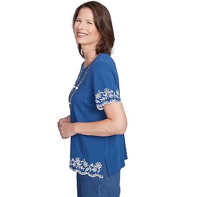 Petite Alfred Dunner Embroidered Border Top with Necklace