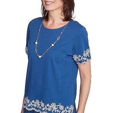 Petite Alfred Dunner Embroidered Border Top with Necklace