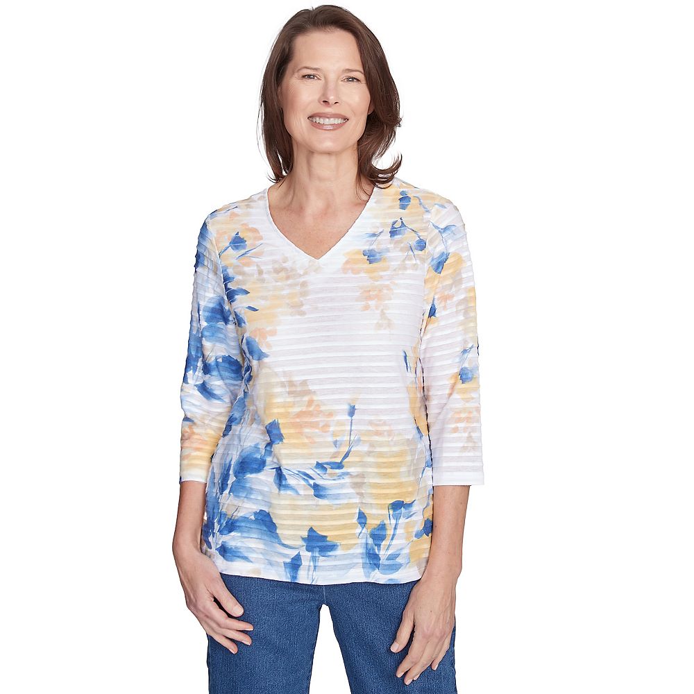 Alfred Dunner Floral Linework Side Tie Ruched Top- Petite