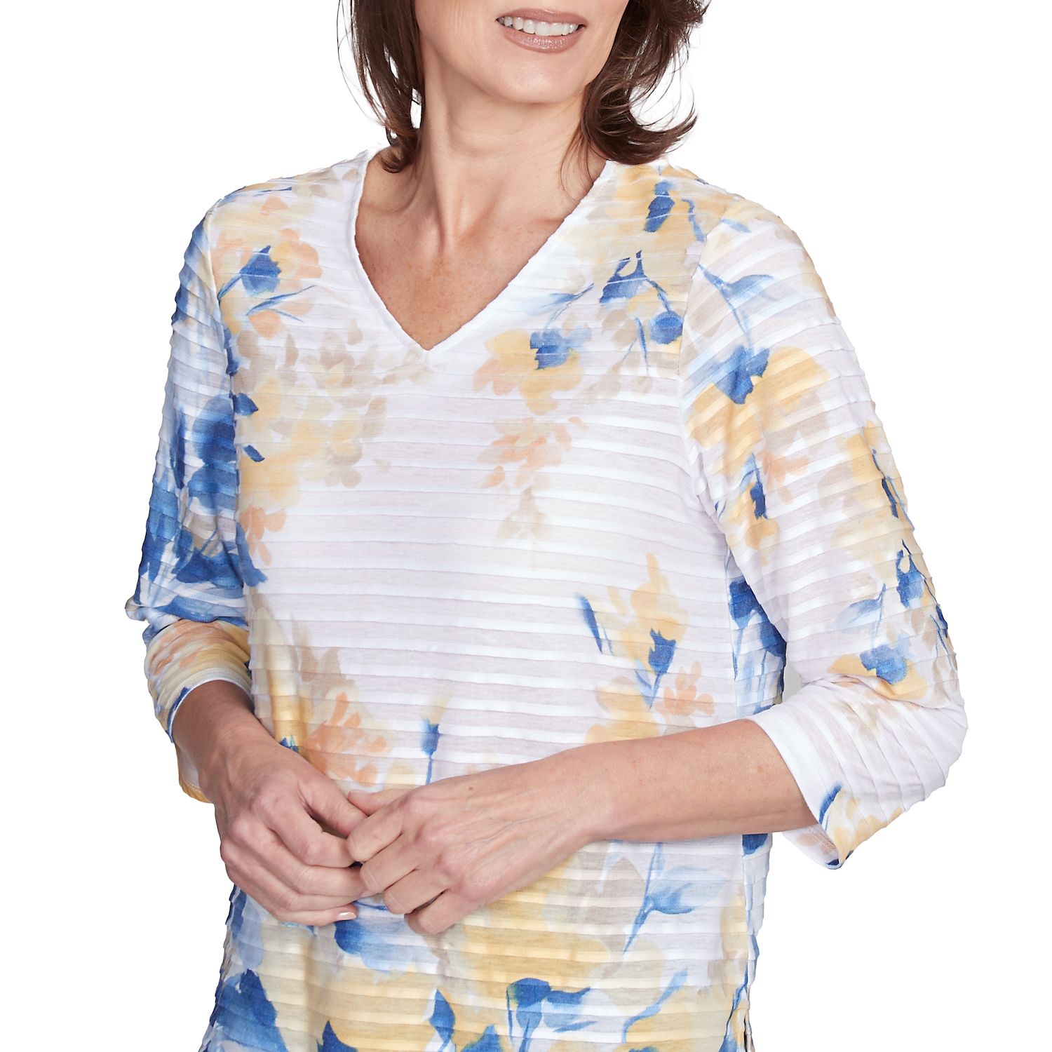 Alfred Dunner Women's Petite Floral Striped Top – Crewneck Three-Quarter Sleeve Blouse - View #14