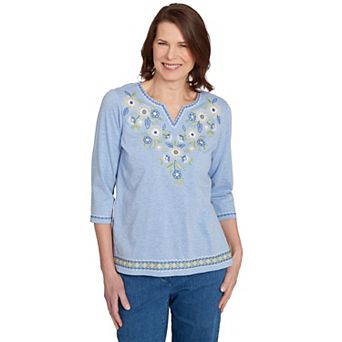 Petite Alfred Dunner Embroidered Daisy Split Neckline Top
