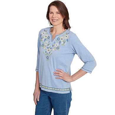 Petite Alfred Dunner Embroidered Daisy Split Neckline Top