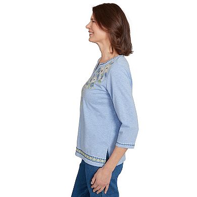 Petite Alfred Dunner Embroidered Daisy Split Neckline Top