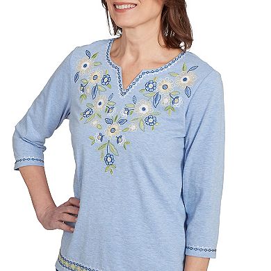 Petite Alfred Dunner Embroidered Daisy Split Neckline Top