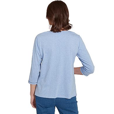 Petite Alfred Dunner Embroidered Daisy Split Neckline Top