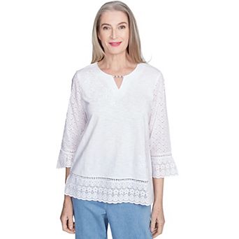 Petite Alfred Dunner Floral Embroidered Eyelet Trim Top