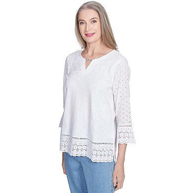 Petite Alfred Dunner Floral Embroidered Eyelet Trim Top