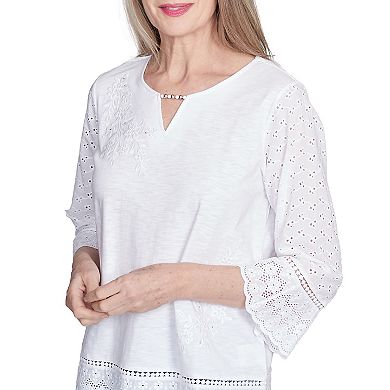 Petite Alfred Dunner Floral Embroidered Eyelet Trim Top