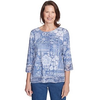 Petite Alfred Dunner Lacey Floral Patchwork Crew Neck Top