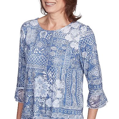 Petite Alfred Dunner Lacey Floral Patchwork Crew Neck Top