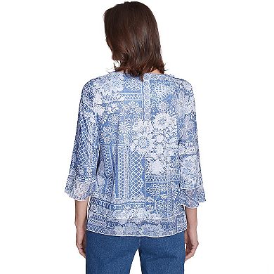 Petite Alfred Dunner Lacey Floral Patchwork Crew Neck Top