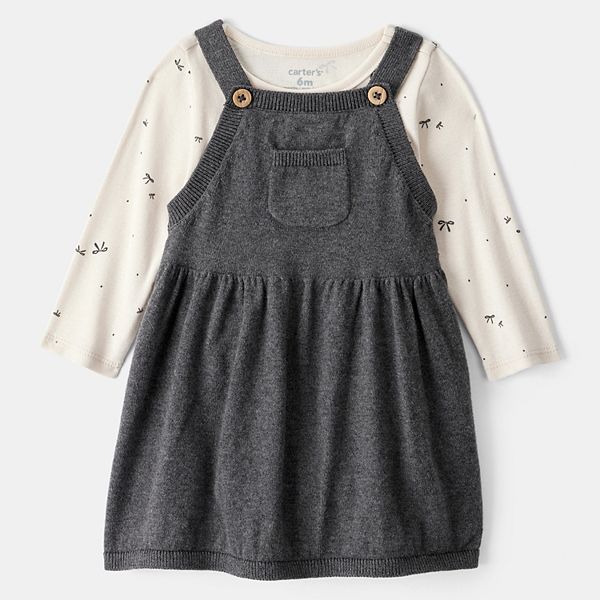 Carter's Baby Girls Cotton Bow-Print Long-Sleeve Bodysuit & Jumper Dress, 2 Piece Set - Gray - Size 9 months
