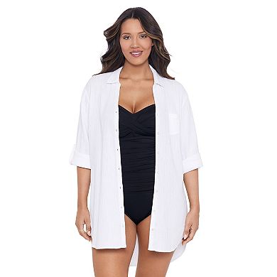 Women's Trimshaper Solid Button Down Swim Cover Up Shirt
