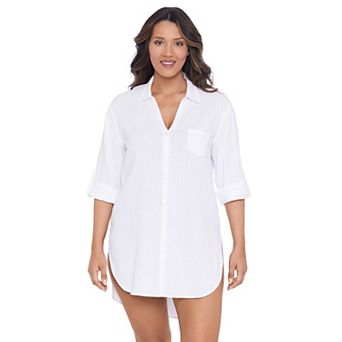 Women's Trimshaper Solid Button Down Swim Cover Up Shirt