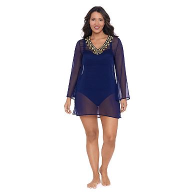 Women's Trimshaper Solid Embroidered Coverup Dress