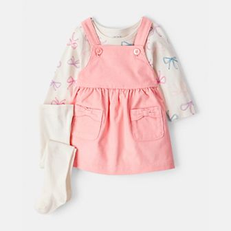 Baby Girl Carter's 3 pc Bow Heart Print Long-Sleeve Dress & Tights Set