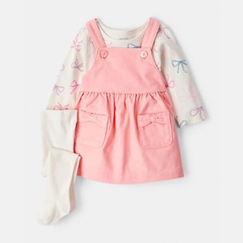 Baby Girl Carter's 3 pc Bow Heart Print Long-Sleeve Dress & Tights Set