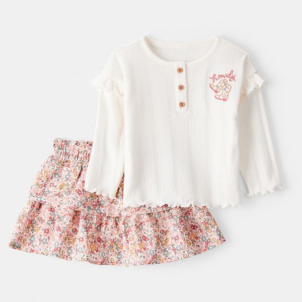 Babyhug 100% Cotton Frill Sleeves Top & Skirt Set Floral Print - White & Red main image 1