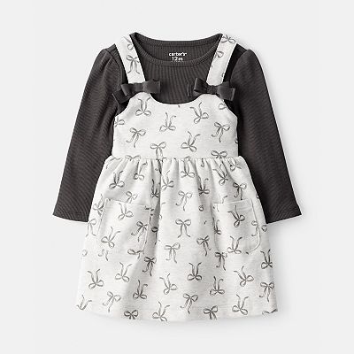 carters grey dress Girls Bow Print Long Sleeve Cotton Dress - Grey