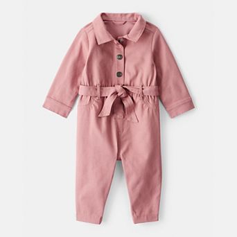 Baby Girl Carter's Cotton Long-Sleeve Jumpsuit with Belted Waist