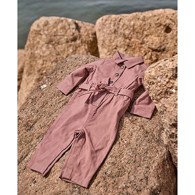 Baby Girl Carter's Cotton Long-Sleeve Jumpsuit with Belted Waist