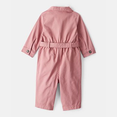 Baby Girl Carter's Cotton Long-Sleeve Jumpsuit with Belted Waist
