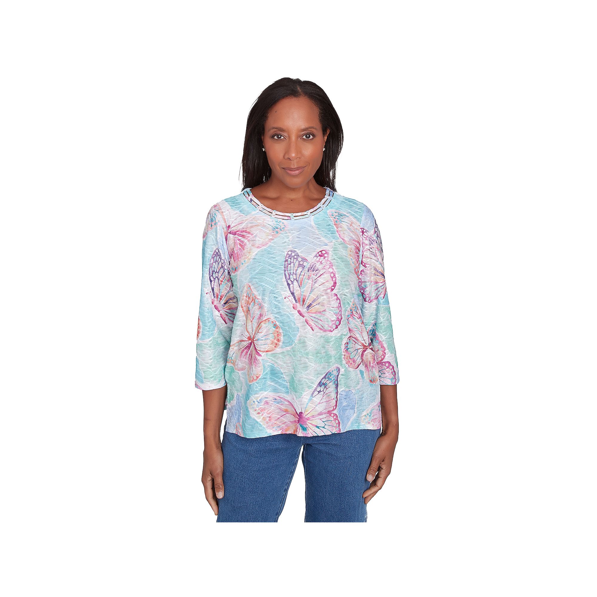 Petite Alfred Dunner Butterfly Crewneck Three Quarter Sleeves Top, Womens,