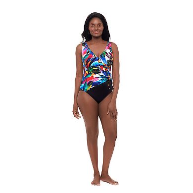 Women's Great Lengths Leaf Island Shirred Faux Tie Surplice Swimsuit