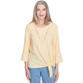 Petite Alfred Dunner Tie Front Textured Tee with Necklace