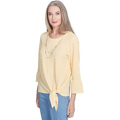 Petite Alfred Dunner Tie Front Textured Tee with Necklace