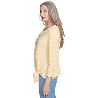 Petite Alfred Dunner Tie Front Textured Tee with Necklace